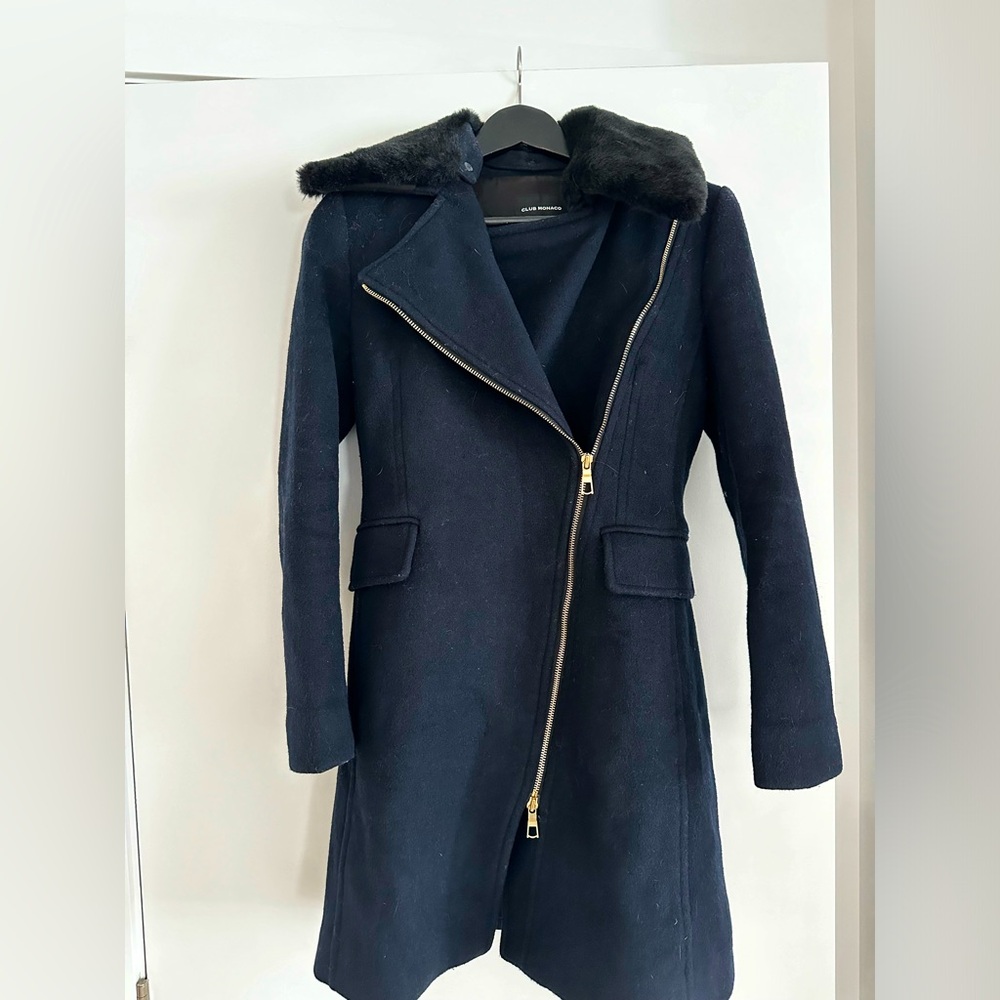 Navy blue, black faux fur collar, Club Monaco coat